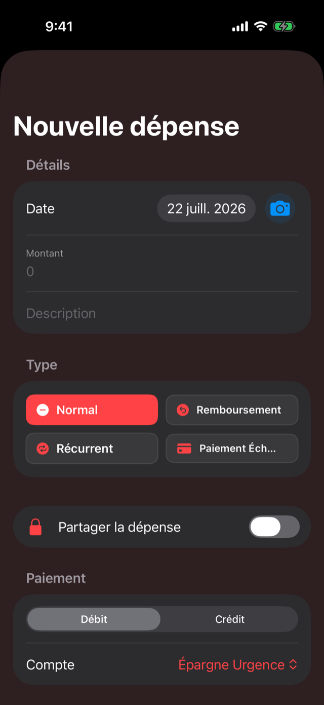 Saisie de dépense dans ZeroBudget