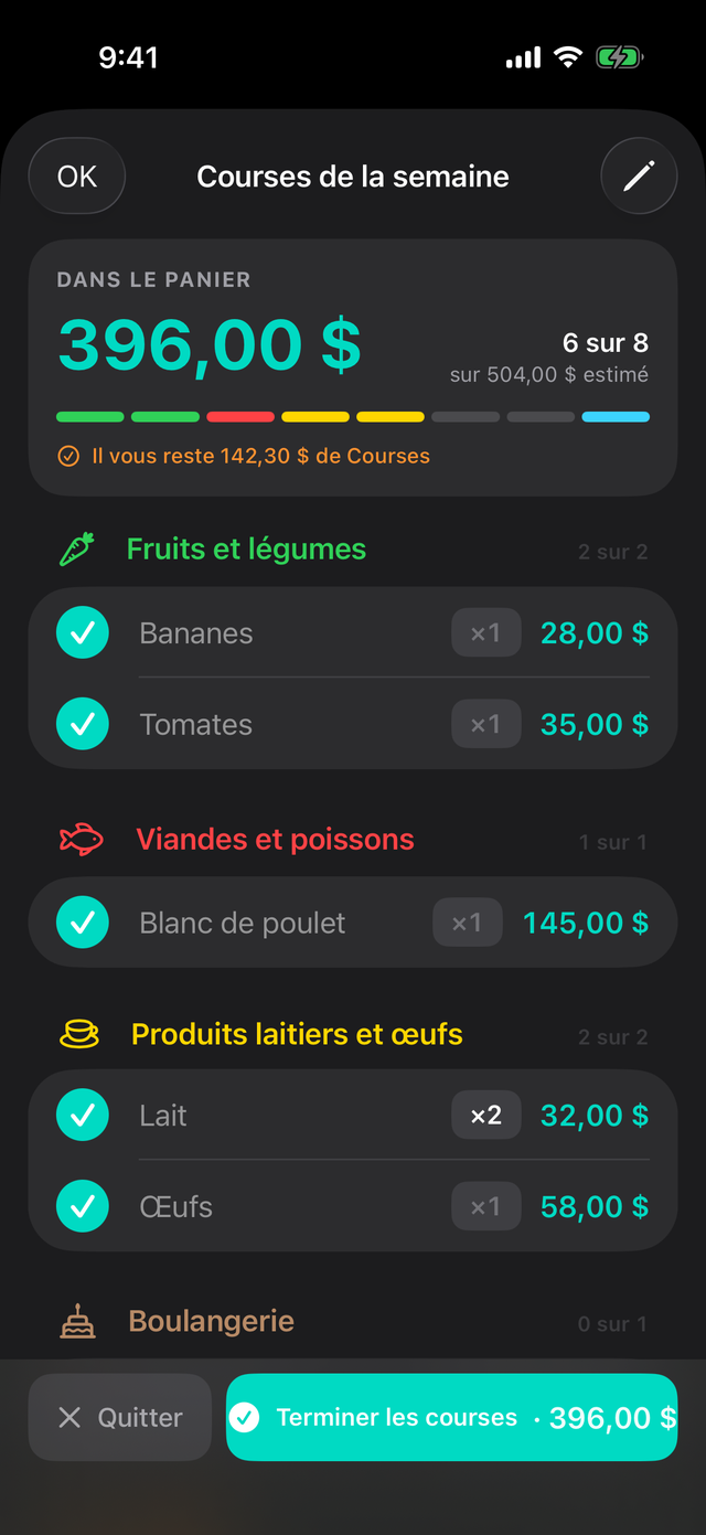 Mode courses dans ZeroBudget